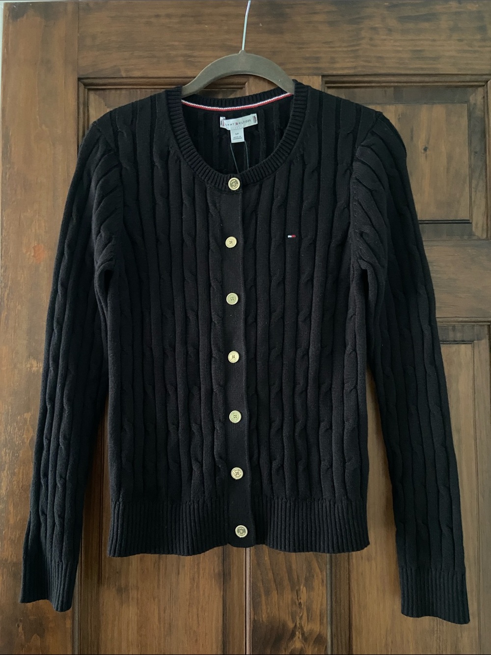 Tommy Hilfiger Black Cable-Knit Button Cardigan with Gold Buttons.